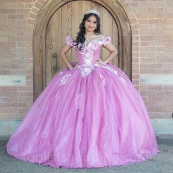 Sweetheart Pink Quinceanera Dresses Beads Off the Shoulder Sweet 16 Vestidos De 15 Anos