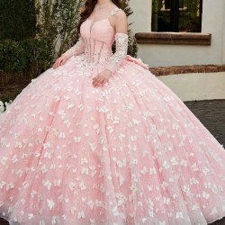 Butterflies Pink Quinceanera Dresses With Bow Ball Gown Birthday Dress