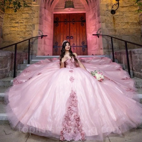 Sweetheart Pink Shiny  Quinceanera Dress 2024 Off Shoulder Appliqué Lace 3DFlower Vestidos De 15 Anos