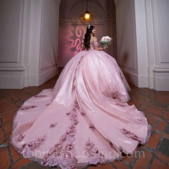 Sweetheart Pink Shiny  Quinceanera Dress 2024 Off Shoulder Appliqué Lace 3DFlower Vestidos De 15 Anos