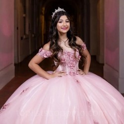 Sweetheart Pink Shiny  Quinceanera Dress 2024 Off Shoulder Appliqué Lace 3DFlower Vestidos De 15 Anos