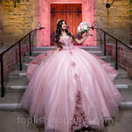 Sweetheart Pink Shiny  Quinceanera Dress 2024 Off Shoulder Appliqué Lace 3DFlower Vestidos De 15 Anos