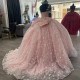 Spaghetti Strap Pink Shiny Princess Quinceanera Dresses 2024 Beads Crystal Bow Sweet Lace-Up 16 Dress