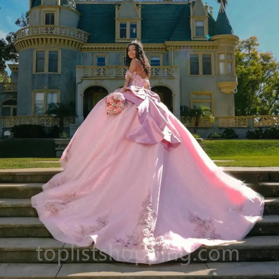 Sweetheart Pink Shiny Quinceanera Evening Dress 2024 Flowers Ball Gown Floor Sweep Train Bow Prom Dress