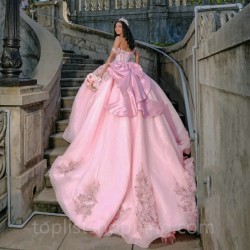 Sweetheart Pink Shiny Quinceanera Evening Dress 2024 Flowers Ball Gown Floor Sweep Train Bow Prom Dress