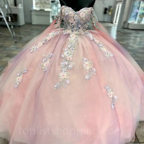 Sweetheart Pink Tulle Quinceanera Dresses Off the Shoulder Beads Applique Lace Ball Gown