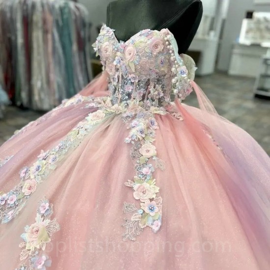 Sweetheart Pink Tulle Quinceanera Dresses Off the Shoulder Beads Applique Lace Ball Gown