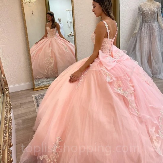 Spaghetti Strap Pink Princess Quinceanera Dresses Beads Appliques Flowers Sweet 16th Dress Vestido De Xv Años Prom Cour Train