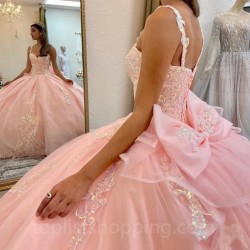 Spaghetti Strap Pink Princess Quinceanera Dresses Beads Appliques Flowers Sweet 16th Dress Vestido De Xv Años Prom Cour Train