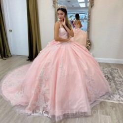 Spaghetti Strap Pink Princess Quinceanera Dresses Beads Appliques Flowers Sweet 16th Dress Vestido De Xv Años Prom Cour Train