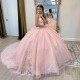 Spaghetti Strap Pink Princess Quinceanera Dresses Beads Appliques Flowers Sweet 16th Dress Vestido De Xv Años Prom Cour Train