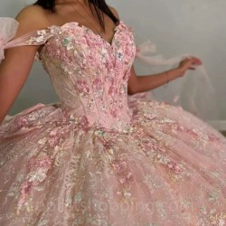 3D Flower Pink Sparkly Quinceanera Dresses Ball Gown Sleeveless Ruffles Corset For Sweet 15 Girls