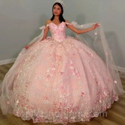 3D Flower Pink Sparkly Quinceanera Dresses Ball Gown Sleeveless Ruffles Corset For Sweet 15 Girls