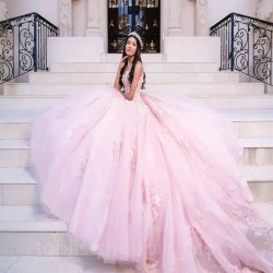 Off Shoulder Pink Sweet 16 Quinceanera Dress Appliques Lace Flowers Princess Party Gown