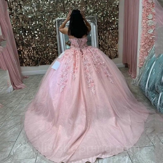 Sweetheart Pink Ball Gown Quinceanera Dresses Off-Shoulder 3D Flower Formal Princess Birthday Gowns