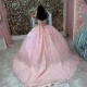 Sweetheart Pink Ball Gown Quinceanera Dresses Off-Shoulder 3D Flower Formal Princess Birthday Gowns