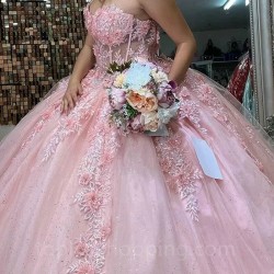 Sweetheart Pink Ball Gown Quinceanera Dresses Off-Shoulder 3D Flower Formal Princess Birthday Gowns