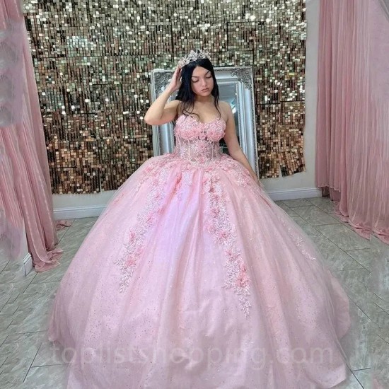 Sweetheart Pink Ball Gown Quinceanera Dresses Off-Shoulder 3D Flower Formal Princess Birthday Gowns