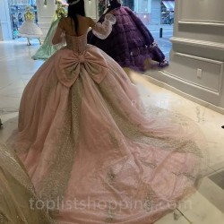 Off The Shoulder Pink Sweetheart Quinceanera Dresses Ball Gown Applique Lace Beads Crystal Princess Dress