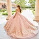 Sweetheart Pink Quinceanera Dress Gold Floral Flowers Bead Princess Ball Gown Sweet 15 Party Vestidos De XV Anos