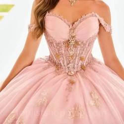 Sweetheart Pink Quinceanera Dress Gold Floral Flowers Bead Princess Ball Gown Sweet 15 Party Vestidos De XV Anos