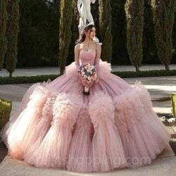 Pink Sweetheart Quinceanera Dress Princess Off the Shoulder Prom Gown Beads Tulle Tiered Sweet 16 Dress