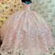 Sweetheart Pink Quinceanera Dress Sequin Appliques Lace Beads Off The Shoulder Ball Gown