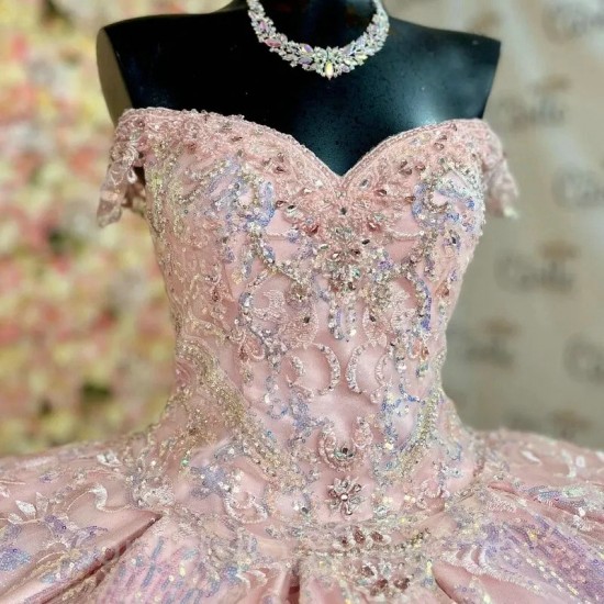 Sweetheart Pink Quinceanera Dress Sequin Appliques Lace Beads Off The Shoulder Ball Gown