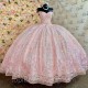 Sweetheart Pink Quinceanera Dress Sequin Appliques Lace Beads Off The Shoulder Ball Gown