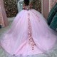 Pink Tull Appliques Beading Ball Gown Quinceanera Dresses Beaded Flower Off Shoulder Sweet 15 Dress