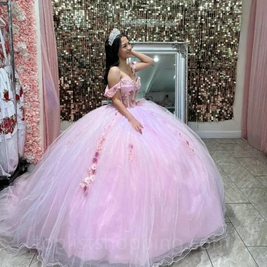 Pink Tull Appliques Beading Ball Gown Quinceanera Dresses Beaded Flower Off Shoulder Sweet 15 Dress