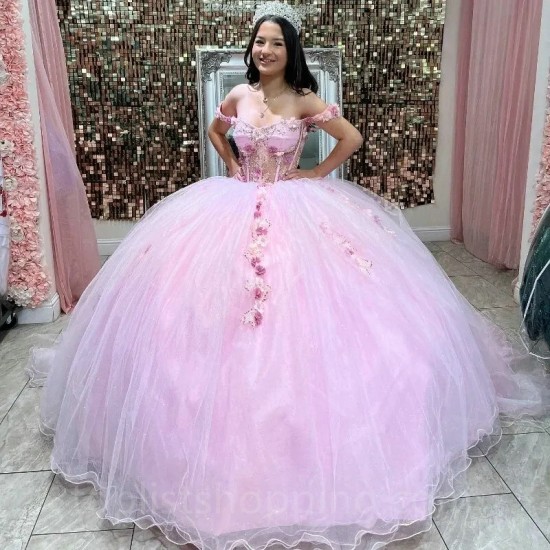 Pink Tull Appliques Beading Ball Gown Quinceanera Dresses Beaded Flower Off Shoulder Sweet 15 Dress