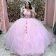 Pink Tull Appliques Beading Ball Gown Quinceanera Dresses Beaded Flower Off Shoulder Sweet 15 Dress