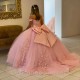 Pink Tulle Ball Gown Quinceanera Dresses Bow Back Corset Formal Prom Graduation Gowns Sweet 16 Dress