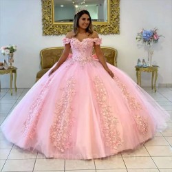 Pink Tulle Ball Gown Quinceanera Dresses Bow Back Corset Formal Prom Graduation Gowns Sweet 16 Dress