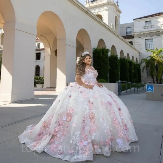 Princess Pink Ball Gown Quinceanera Dress 2024 Flowers Appliques Beads Sweet 16 Dress Corset Vestidos De 15 Años