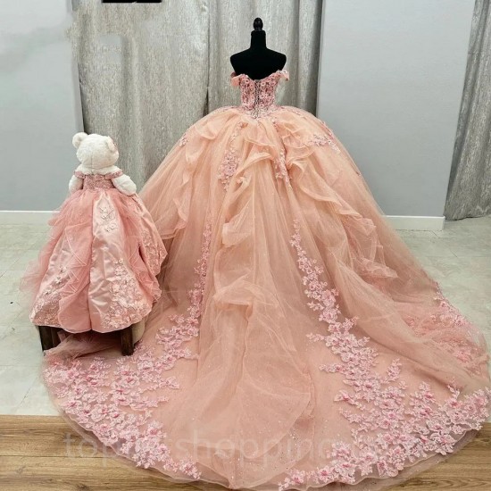 Princess Pink Quinceanera Dresses Beaded Appliques Ball Gown Sweet 16 15 Year Old Girl Vestidos De 15 Años XV