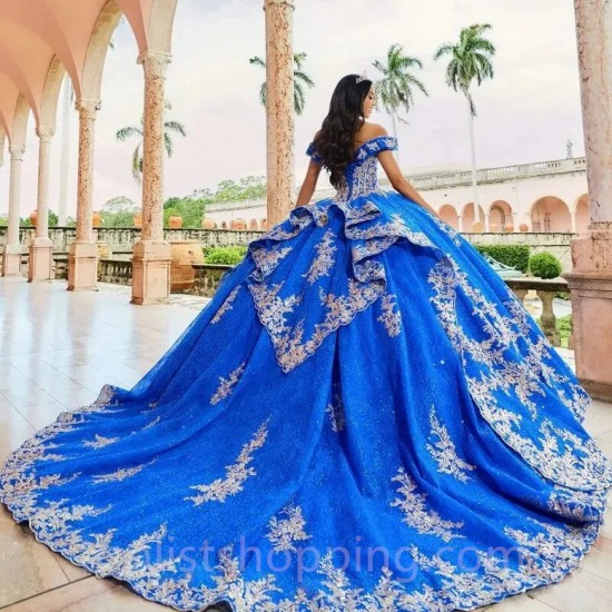 Princess Royal Blue Quinceanera Dress Off Shoulder God Lace Applique Beading Corset Sweet 16 Vestidos De 15 Años