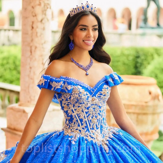 Princess Royal Blue Quinceanera Dress Off Shoulder God Lace Applique Beading Corset Sweet 16 Vestidos De 15 Años