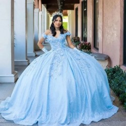 Puffy Blue Quinceanera Dresses Off the Shoulder Tulle Ball Gowns Sweet 16 Vestidos de 15 Años