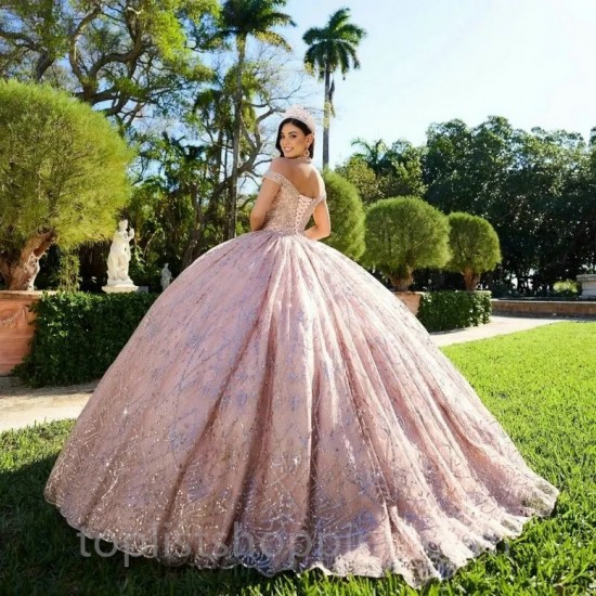 Puffy Quinceanera Dresses Ball Gown Off The Shoulder Tulle Beaded Mexican Sweet 16 Dresses Charro 15 Anos