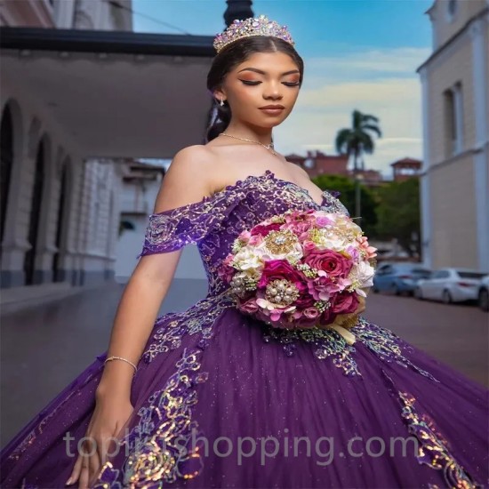 Purple Ball Gown Quinceanera Dress 2024 Sweetheart Applique Lace Birthday Party Sweet 16 Vestidos De 15 Años