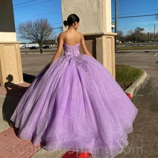 Purple Ball Gown Quinceanera Dresses 2023 Beading Top Sparkly Fabric Sweep Train Girls Sweet 15 16 Birthday Party Dress