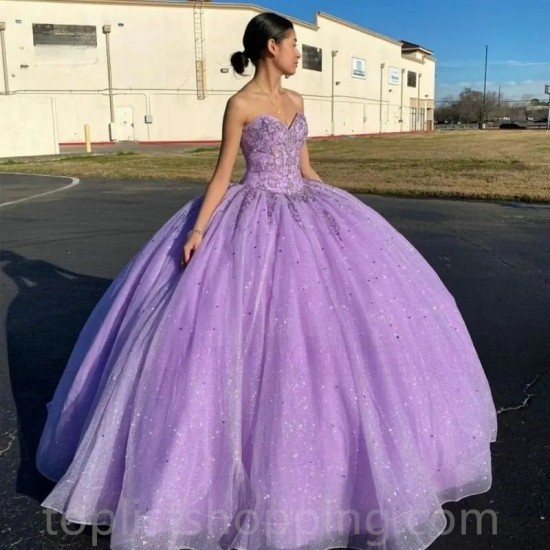 Purple Ball Gown Quinceanera Dresses 2023 Beading Top Sparkly Fabric Sweep Train Girls Sweet 15 16 Birthday Party Dress