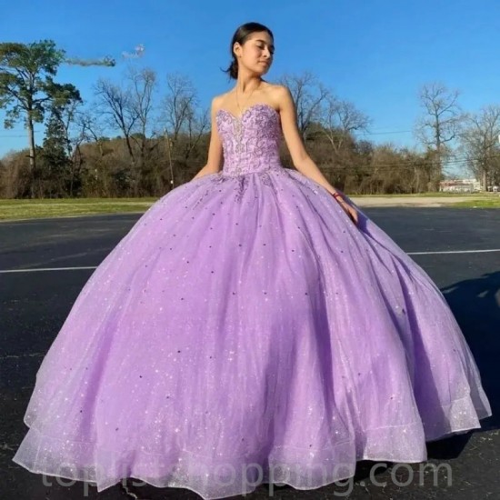 Purple Ball Gown Quinceanera Dresses 2023 Beading Top Sparkly Fabric Sweep Train Girls Sweet 15 16 Birthday Party Dress