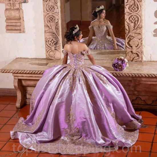 Purple Charro Quinceanera Dresses Ball Gown Off The Shoulder Appliques Sparkly Mexican Sweet 16 Dresses 15 Anos