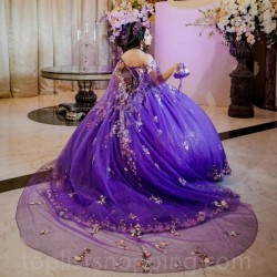 Purple Shiny Off the Shoulder Ball Gown Quinceanera Dresses Beading 3D Flowers Appliques Lace Tull Corset Vestidos De 15 Años