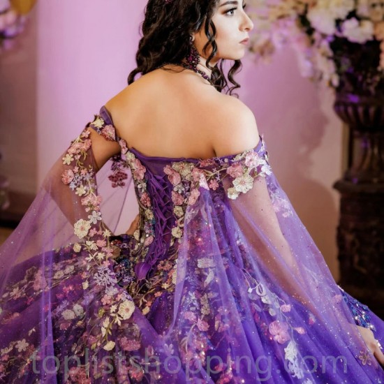 Purple Shiny Off the Shoulder Ball Gown Quinceanera Dresses Beading 3D Flowers Appliques Lace Tull Corset Vestidos De 15 Años