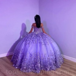 Purple Shiny Puffy Princess Quinceanera Dresses 2024 Off Shoulder Beads 3D Floral Gillter Sequins Lace-up Corset Vestidos 15años