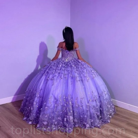 Purple Shiny Puffy Princess Quinceanera Dresses 2024 Off Shoulder Beads 3D Floral Gillter Sequins Lace-up Corset Vestidos 15años